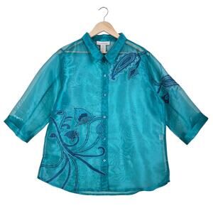 c.l.o.t.h.e.s. Top XL Teal Sheer Organza Embroidered Paisley Artistic Boutique